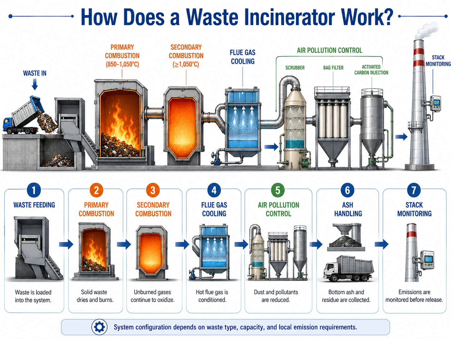 Learn how a waste incinerator works from waste feeding and primary combustion to secondary combustion, flue gas cooling, air pollution control, ash handling, and stack monitoring.